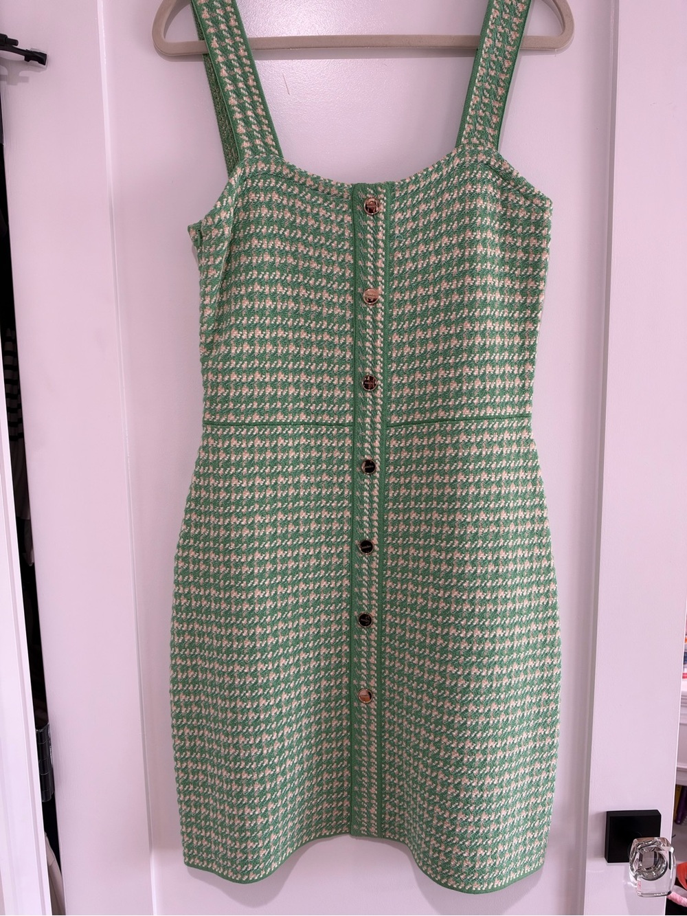 Sandro Green and Cream Tweed Button-Front Mini Dress
